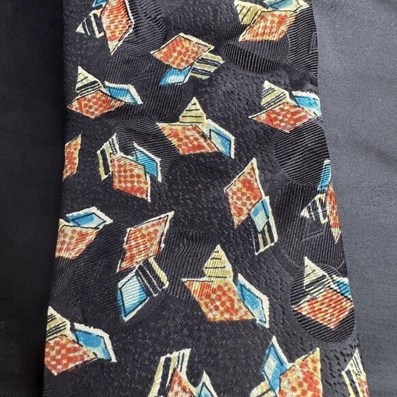Vintage Damon Mens Black Necktie Blue and Orange Geometric Silk Made In Italy - Picture 5 of 16